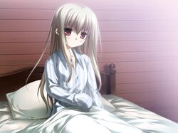  1girl bed blush chikotam eden game_cg long_hair pajamas red_eyes shion silver_hair solo 