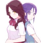  frown higebu inazuma_eleven inazuma_eleven_(series) kudou_fuyuka long_hair purple_eyes purple_hair raimon_natsumi red_hair redhead school_uniform smile violet_eyes yellow_eyes 