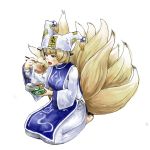  aburaage barefoot blonde_hair blue_eyes chopsticks cup_ramen eating food fox_tail hands hat highres multiple_tails noodles open_mouth ramen robe seiza short_hair sitting soba solo surcoat tail tkms touhou translated yakumo_ran 