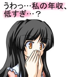  black_hair brown_eyes covering covering_face covering_mouth face hands_on_face hands_on_own_face houraisan_kaguya irony long_hair meme parody simple_background solo too_low_salary touhou translated yuran_(kuen-hien) 