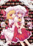  bat_wings blonde_hair blood cosplay costume_switch fang flandre_scarlet flandre_scarlet_(cosplay) halodark hat hug hug_from_behind izayoi_sakuya lavender_hair multiple_girls nosebleed patchouli_knowledge red_eyes remilia_scarlet remilia_scarlet_(cosplay) silver_hair touhou wings 