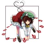  animal_ears bad_id bent_over brown_eyes brown_hair cat_ears cat_tail chen danmaku dress earrings hat highres jewelry motion_blur multiple_tails short_hair simple_background single_earring smile solo tail touhou tsuttsu v_arms yukino_tsubu 