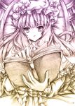  bad_id book cheong_ha gradient graphite_(medium) hands hat holding long_hair mixed_media monochrome open_book patchouli_knowledge solo touhou traditional_media 