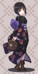  1girl arms_behind_back black_hair blush boots floral_print gokou_tamaki japanese_clothes kimono looking_at_viewer matsuryuu obi ore_no_imouto_ga_konna_ni_kawaii_wake_ga_nai short_hair smile solo violet_eyes yukata 