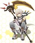  .hack//g.u. 1boy armor boots calm6363 elbow_gloves full_armor gloves haseo male red_eyes scythe sitting smile solo tattoo white_hair 