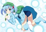  :t all_fours ass backpack bag blue_dress blue_eyes blue_hair blue_swimsuit blush boots cucumber dress eating full_mouth hair_bobbles hair_ornament hat highres kawashiro_nitori looking_back mouth_full randoseru rubber_boots school_swimsuit shoes short_hair solo swimsuit swimsuit_under_clothes touhou twintails upskirt yamasan 