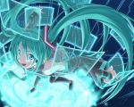  aqua_eyes aqua_hair binary bit_(artist) curved_monitor detached_sleeves display floating_screen hatsune_miku holographic_interface holographic_monitor leaning_forward long_hair microphone necktie open_mouth screen solo thighhighs twintails very_long_hair vocaloid 