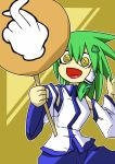  arm_up bags_under_eyes crazy_eyes crossed_fingers desaku detached_sleeves frog green_hair hair_ornament hand_gesture kochiya_sanae long_hair no_nose open_mouth sign sign_holding snake solo star touhou yellow_eyes 