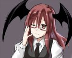  bad_id bat_wings bespectacled bust cafe_choco glasses head_wings koakuma long_hair necktie red_eyes red_hair redhead solo the_embodiment_of_scarlet_devil touhou wings wink 