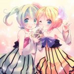  aqua_eyes aqua_hair bad_id blonde_hair blue_eyes blush colorful_x_melody_(vocaloid) dress flower hair_flower hair_ornament hands hatsune_miku kagamine_rin microphone microphone_stand multiple_girls nail_polish non_(artist) non_(hey_you!) ousaka_nozomi project_diva project_diva_2nd short_hair twintails v vintage_microphone vocaloid vocaloid_append wink 