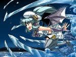  artist_request bat_wings blue_eyes blue_hair hat highres mismatched_legwear mitsuyari_naaja open_mouth original pantyhose polearm ribbon sailor_hat shell solo spear star thighhighs touhou trident tsuki_wani water weapon wings 