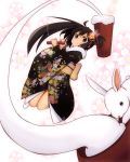  amano_(els573) black_hair bunny flower food foreshortening hair_flower hair_ornament hammer highres japanese_clothes jumping kimono long_hair mallet mochi note-chan original pink_eyes pinky_out rabbit smile solo wagashi 