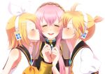  cheek_kiss double_cheek_kiss hair_ornament hair_ribbon hairclip headphones headset kagamine_len kagamine_rin kiss long_hair megurine_luka pink_hair ribbon short_hair smile vocaloid yunca 