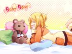  big_al blonde_hair blue_eyes closed_eyes fang hair_bobbles kagamine_rin open_mouth pajamas pillow plush side_ponytail teddy_bear vocaloid 