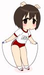  1girl animal_ears bloomers blush brown_eyes brown_hair buruma clothes_writing clothing_writing copyright_request gym_uniform jinroku jump_rope pig_ears pig_girl short_hair simple_background solo translated 