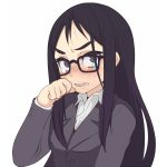  black_eyes black_hair blush copyright_request formal glasses highres long_hair oza_watto solo suit tears 