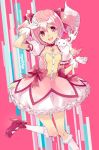  :o animal_on_shoulder blush body_blush bow choker flat_chest frilled_skirt frills gloves hair_bow hair_ornament happy high_heels kaname_madoka kyubey kyuubee mahou_shoujo_madoka_magica mary_janes ochakai_shinya open_\m/ open_mouth pigeon-toed pink_background pink_eyes pink_hair puffy_sleeves red_eyes ribbon_choker shoes short_hair short_twintails skirt smile soul_gem standing thighhighs twintails white_legwear 