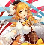  beret blonde_hair detached_sleeves drill_hair gun hair_ornament hairpin hat magical_musket mahou_shoujo_madoka_magica pleated_skirt puffy_sleeves ribbon rifle short_hair short_twintails skirt solo tomoe_mami twin_drills twintails weapon welchino yellow_eyes 