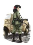  boots brown_eyes gun hair_ribbon jeep military military_uniform ribbon sora_no_woto suminoya_kureha uniform volkswagen w_k_z167 weapon 