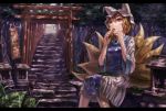  aburaage bad_id banner blonde_hair blush chen chen_(cat) eating food fox_tail hat highres kurione_(zassou) letterboxed multiple_tails multiple_torii nobori red_eyes scenery shide short_hair sitting solo stairs sweatdrop tabard tail torii touhou tree tree_shade yakumo_ran 