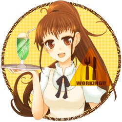  brown_hair circle drink fork knife long_hair ponytail shio_(108) straw taneshima_popura tray waitress wct108hci working!! 