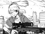  anti-materiel_rifle city ear_protection gloves gun headphones iris_(material_sniper) jacket material_sniper monochrome ponytail rifle sakaki_imasato scope short_hair sleeves_rolled_up sniper_rifle solo weapon wind wink 