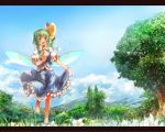  barefoot blue_eyes blue_sky bow daisha_hiroshi daiyousei english fairy_wars fairy_wings flower giantess grass green_eyes green_hair hair_bow himazin letterboxed mountain nature sachito scenery side_ponytail skirt_hold sky solo touhou tree wings 
