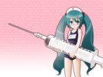  aqua_eyes aqua_hair glasses hat hatsune_miku large_syringe long_hair nurse_cap nyonnyon oversized_object school_swimsuit solo swimsuit syringe translated twintails very_long_hair vocaloid 