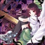  arm_cannon black_legwear black_thighhighs bow brown_hair cape checkered checkered_background feathers hair_bow highres leg_hug long_hair miyase_mahiro red_eyes reiuji_utsuho solo thigh-highs thighhighs third_eye touhou weapon wings 