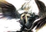  antenna_hair astsm black_wings bob_cut closed_eyes colored_eyelashes eyes_closed feathers flat_gaze hands_on_own_chest kamyu long_sleeves pink_eyes pose puffy_sleeves short_hair silver_hair tokiwa_tsuneba utawareru_mono wide_sleeves wind wings 