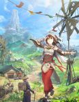  :o bird boots brown_eyes brown_hair cart east_asian_architecture fantasy grass hat landscape mountain original outstretched_arm path ribbon rice_hat scenery shading_eyes short_hair sky standing_on_one_leg tent_(pabell) water waterfall windmill 
