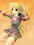  bad_id blonde_hair green_eyes gun highres little_busters!! long_hair magazine_(weapon) pointing pointing_at_viewer school_uniform tokido_saya twintails weapon 