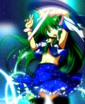  arms_up black_legwear black_thighhighs detached_sleeves green_eyes green_hair kochiya_sanae long_hair midriff navel open_mouth sansyaku snake solo thigh-highs thighhighs touhou 