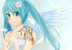  aqua_hair asami_(palette) bad_id blue_eyes feathers flower flower_request hair_flower hair_ornament hatsune_miku smile twintails vocaloid wings 