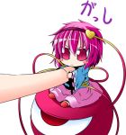  :&lt; blue_dress blush blush_stickers chibi comic dress eyeball grabbing ichimi komeiji_satori minigirl pink_eyes pink_hair purple_eyes purple_hair short_hair solo third_eye touhou 