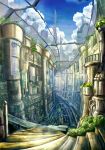  absurdres building city cityscape cloud clouds highres k_kanehira original plant scenery science_fiction sign sky stairs 
