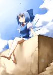  absurdres airplane barefoot blue_eyes blue_hair blush bow cirno condensation_trail contrail dress feet hair_bow highres lens_flare marotang short_hair sitting sky solo touhou wings 