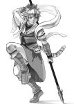  fighting_stance kemonomimi_mode kirusu monochrome pointy_ears polearm shadow simple_background solo tail tiger_tail toramaru_shou touhou weapon 