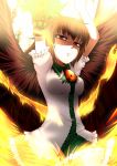  arm_cannon arms_up breasts brown_hair byoubyou highres long_hair red_eyes reiuji_utsuho serious skirt solo symbol-shaped_pupils touhou weapon wings 