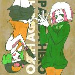 fingerless_gloves gloves goggles goggles_on_head green_eyes green_hair gumi panda_hero_(vocaloid) pantyhose pink_eyes pink_hair rotational_symmetry short_hair smile solo upside-down vocaloid 