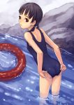  ass black_hair brown_eyes child from_behind innertube jun_(goodgun7) leaning_forward looking_back one-piece_swimsuit original solo swimsuit twintails wading 