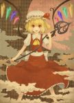  ascot bad_id blonde_hair cloud clouds fangs flandre_scarlet full_moon hat hat_ribbon kamo_(shiraokamo) laevatein moon red_eyes red_moon ribbon short_hair side_ponytail skirt solo touhou wings 