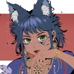  1girl absurdres animal_ear_fluff animal_ears black_hair blue_shirt border bracelet chinese_commentary collarbone commentary_request commission dark-skinned_female dark_skin earrings eyelashes facepaint feathers fox_ears gold_bracelet gold_earrings gold_necklace green_eyes highres infinity_nikki jewelry letterboxed light_particles lipstick makeup messy_hair multiple_bracelets necklace nikki_(series) outside_border parted_lips red_background red_lips sample_watermark shirt short_hair_with_long_locks sidelocks smeared_lipstick solo stylist_(nikki) sun_symbol upper_body watermark white_border wiping_mouth yuanxiaotangyuan82251 