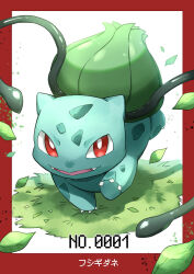  :d bright_pupils bulbasaur character_name claws commentary_request fangs highres leaf looking_at_viewer no_humans open_mouth pokedex_number pokemon pokemon_(creature) pokemon_focus red_eyes smile solo white_pupils yuu_(yuu777hh) 