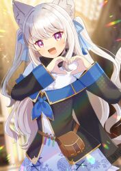  1girl :d animal_ear_fluff animal_ears black_jacket blue_bow blurry blurry_background bow cat_ears cat_girl cat_tail center_frills depth_of_field dress fang frilled_dress frills grey_hair hair_bow heart heart_hands jacket kou_hiyoyo long_hair long_sleeves looking_at_viewer off-shoulder_jacket off_shoulder original pleated_dress smile solo tail two_side_up very_long_hair violet_eyes white_dress wide_sleeves 