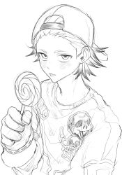  1boy backwards_hat baseball_cap blush candy food forehead gachiakuta gloves gongbaek11111 greyscale hair_slicked_back hat highres lollipop long_sleeves looking_at_viewer male_focus monochrome rudo_surebrec simple_background solo swirl_lollipop tongue tongue_out upper_body white_background 