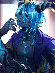  1boy black_sclera blue_hair blue_horns blue_shirt blue_skin blue_tongue colored_sclera colored_skin colored_tongue commentary_request cropped_shirt deep_blue_(ff14) final_fantasy final_fantasy_xiv fingernails fish_boy hand_up highres horns long_hair looking_at_viewer male_focus monster_boy open_clothes open_shirt sharp_fingernails shiroesa shirt solo tongue tongue_out upper_body yellow_eyes yellow_horns 