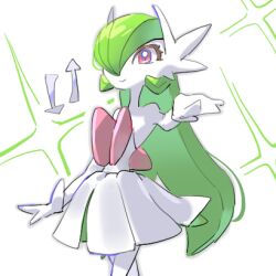  colored_skin dress elbow_gloves gardevoir gloves green_hair hair_over_one_eye long_hair lowres mega_gardevoir mega_pokemon pink_eyes pokemon pokemon_(creature) raine_(acke2445) smile sparkle strapless strapless_dress white_dress white_gloves white_skin 