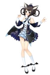  1girl 2000s_(style) absurdres animal_ears bat_ears bat_girl black_hair black_shoes blue_corset blue_dress blue_necktie blunt_bangs braid braided_hair_rings breasts corset crown detached_sleeves dress fang frilled_dress frills full_body gothic_lolita grey_eyes hair_ornament hair_rings highres idoloid kiyoko_(utau) lolita_fashion looking_at_viewer medium_breasts mini_crown necktie non-web_source official_art open_mouth parody shoes short_hair simple_background skin_fang sleeveless sleeveless_dress socks solo standing style_parody tachi-e transparent_background treebarkagain utau white_socks wing_hair_ornament winged_shoes 