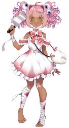  1girl absurdres ahoge bag bandaged_arm bandaged_leg bandages bandaid bandaid_on_knee bandaid_on_leg barefoot blood bone_hair_ornament bow cami_arriaga_c cleaver collar commentary commission crossed_bandaids dark-skinned_female dark_skin dress english_commentary eye_hair_ornament fang flower frilled_dress frills full_body gurokawa hair_intakes hair_ornament highres holding holding_cleaver holding_weapon meaty-chan non-web_source official_art open_mouth outline pink_bow pink_collar pink_hair simple_background skin_fang solo standing tachi-e tooth transparent_background twintails utau weapon white_bag white_dress white_outline yellow_eyes 